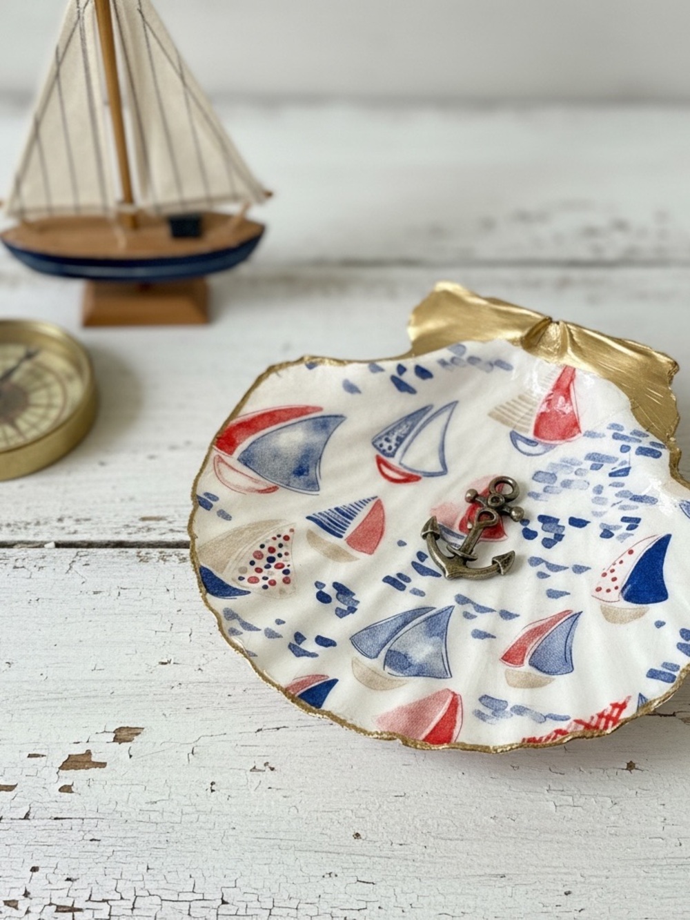 Nautical Sailboat Seashell Trinket Dish Coastal Beach Decor